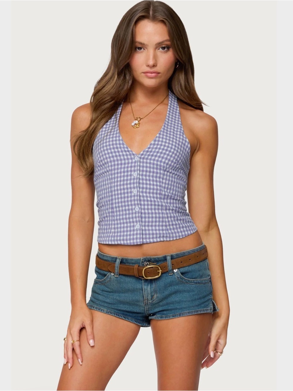 Edikted Evan Gingham Button Up Halter Top